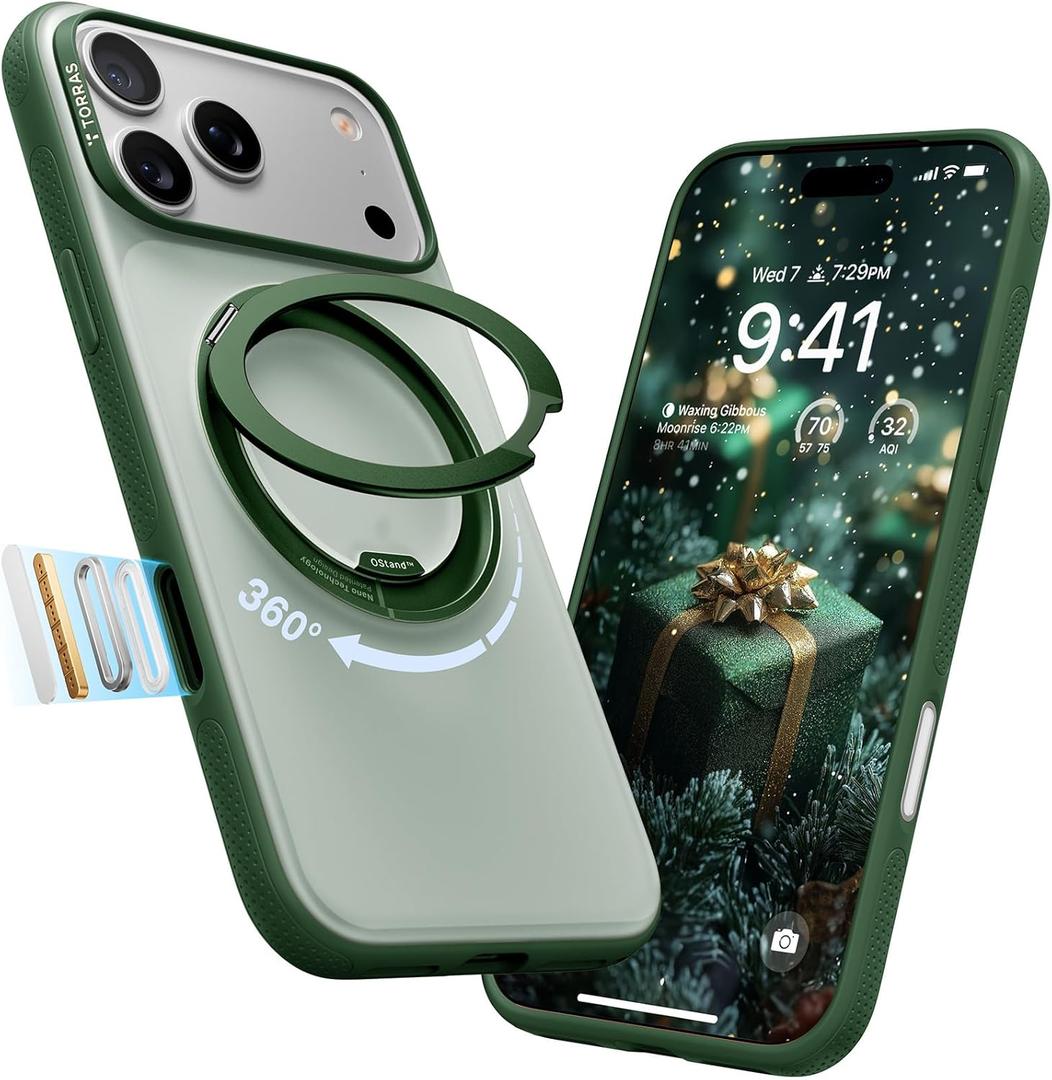TORRAS 360 Magnetic Stand for iPhone 17 Pro Max Case, [Fit for MagSafe] [4X MilitaryGrade Protection] Slim Case for iPhone 17 Pro Max, 6.9", Translucent Pine Green, Ostand O3 Fitness Series