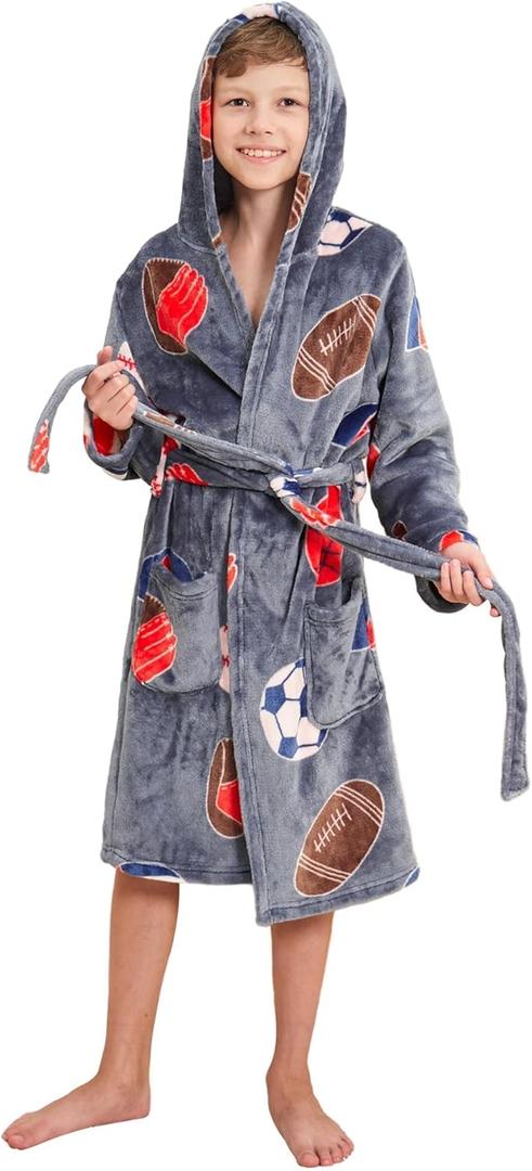 V.&GRIN Boys Fleece Robe, Hooded Plush Soft Fuzzy Bathrobe for Kids 3-14 Years (5-6 Years, Sports)