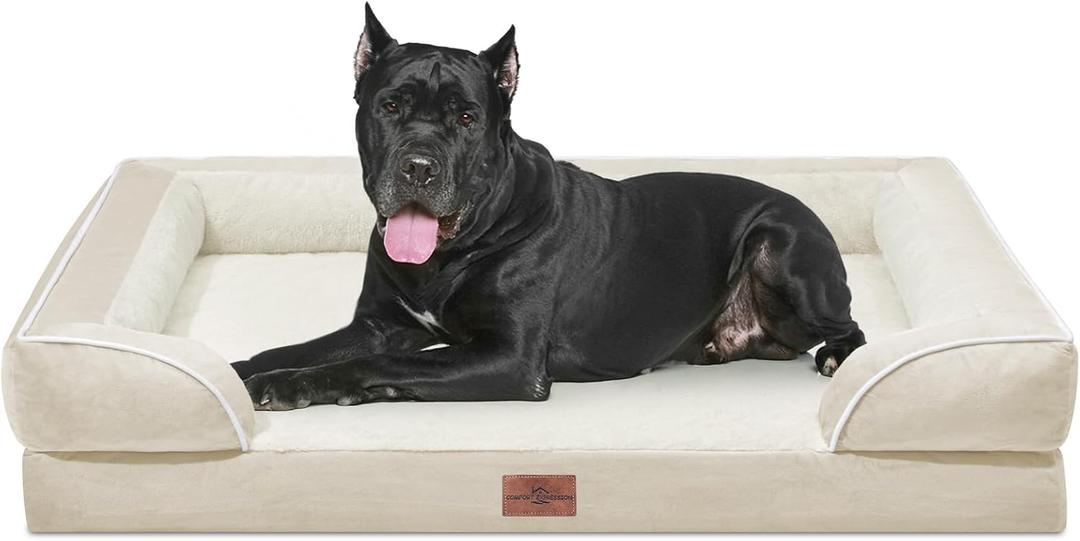 Comfort Expression Orthopedic Dog Bed for Extra Large Dogs 53x42 Inch, Waterproof Supportive Egg Crate Foam XXL Pet Bed with Removable Bolsters, Dog Couch with Washable Cover & Non-Slip Bottom, Beige