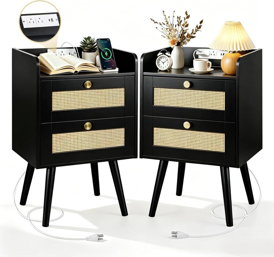 Rattan Nightstands Set of 2, Boho Bedside Table with 2 Drawers, 15.7 x 11.8 x 25 inches