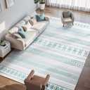 6x9 Washable Area Rug, Boho Moroccan Farmhouse Neutral Low Pile Carpet, Soft Non-Slip Rugs for Living Room Bedroom Dining Room Nursery Dorm Home Decor, Blue & White