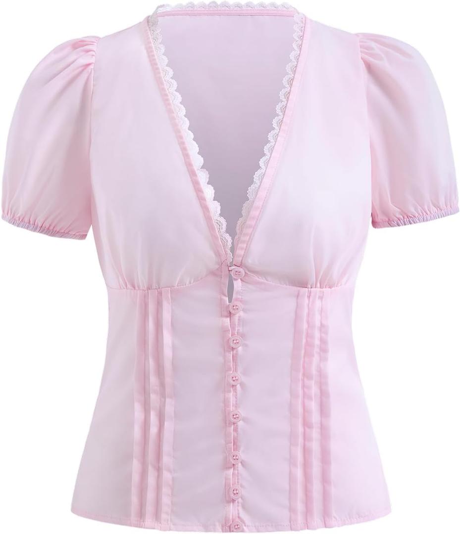 winkbay Women's Cute Lace Puff Sleeve Top Deep V Neck Button Down Coquette Going Out Blouse Light Pink Small