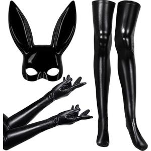 5 Pieces Halloween Women Costume Set Bunny Mask Elastic Shiny Wet Look Long Gloves Black Wet Thigh High Stockings Rabbit Ears Masquerade Cover for Cosplay Party