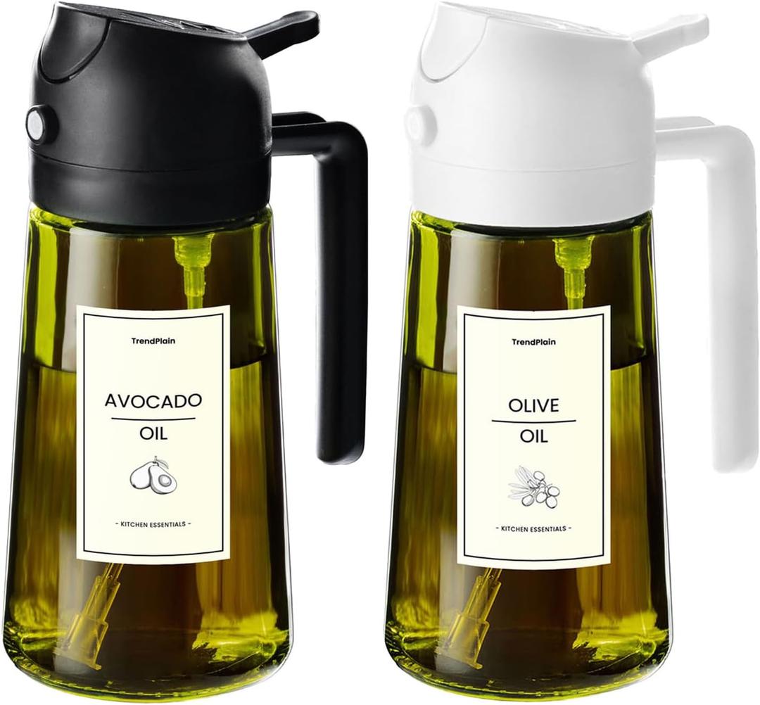 TrendPlain - Original 16oz/470ml Olive Oil Dispenser Bottle for Kitchen Gadgets and Air Fryer Accessories - Olive Oil Sprayer for Cooking w/Stickers - Black&White