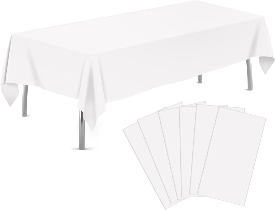 tujol White 6 Pack Plastic Table Cloth 54" x 108", Disposable Tablecloths Rectangle Table Cover, Plastic Tablecloths for Parties