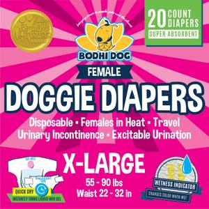 Bodhi Dog Disposable Female Dog Diapers - Super Absorbent Dog Diapers for Female Heat Cycle - Adjustable Fit Pee Wraps for Potty Training, Moisture Control & Wetness Indicator - Extra Large (20 Count)