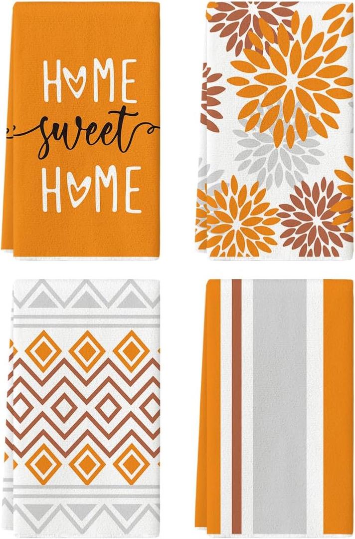 Artoid Mode Orange Stripes Home Sweet Home Boho Kitchen Towels Dish Towels, 18x26 Inch Fall Decoration Hand Towels Set of 4