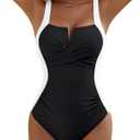 CiCiBird Women's Tummy Control One Piece Swimsuit Color Block Slimming Bathing Suit Sexy Lace Up Back Swimwear (Black, XL)