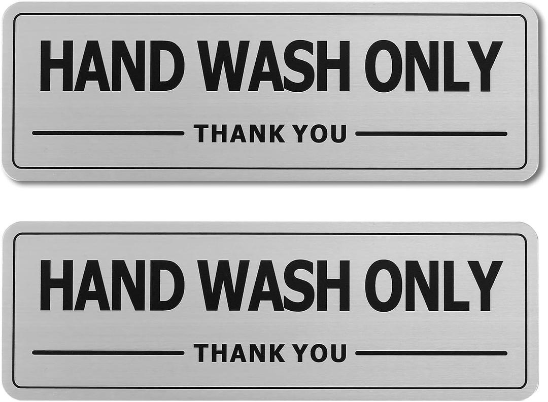 Hand Wash Only Sign 2 Pack, 9"x3", Strong Self-Adhesive Modern Design Wall Decor, Wall or Door Sign, Metal aluminum, Silver