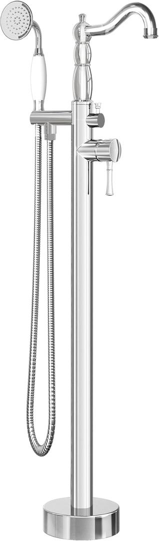 SUPERFLO Freestanding Bathtub Faucet Chrome Tub Fillers Freestanding, Brass Free Standing Tub Faucet Floor Mounted Tub Faucet With Ceramic Retro Hand Shower & Water Hose