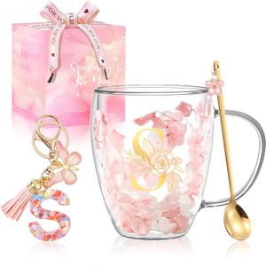Gifts for Women Double Wall Flower Glass Coffee Mug Initial Glass Cup Personalized Monogrammed Birthday Wedding Christmas Graduation Valentine Mothers Day Gifts for Mom Wife Friends Coworker Bride (S)