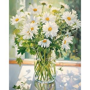 Tucocoo White Daisy DIY Paint by Numbers for Adults White Flowers with Green Leaves in Vase DIY Oil Painting Kits Canvas with Acrylic Paint Floral Plant Art 16x20 Inch （Without Frame ）