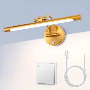 MantoLite LED Bathroom Vanity Light Fixture Dimmable 8W 16inch Gold Pulg in Display Lamps Picture Wall Lights, Indoor Lightings Wall Sconce Ajustable Bedside Reading Lamp, Brass 3000K/4500K/6000K (Brass Double curved arm)