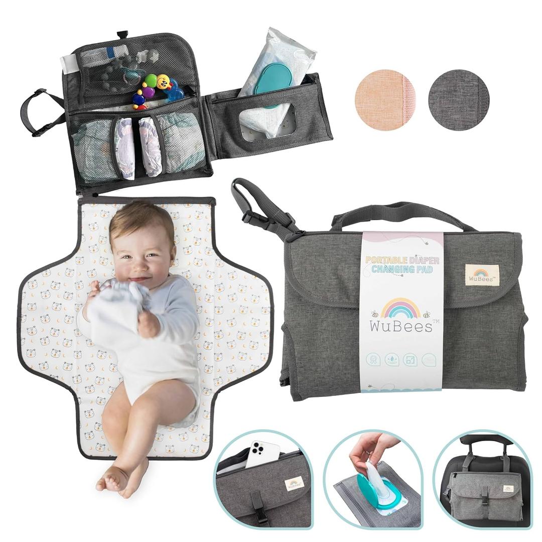 Portable Diaper Changing Pad for Baby Foldable Waterproof Mat Travel Diaper Changing Station Baby Essentials Gifts for Baby Shower Newborn Girls and Boys Baby Stuff by WuBees (Premium, Grey)
