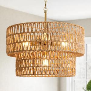 17.8" Boho Rattan Chandelier Light Fixtures, 4-Light Rattan Pendant Light | Hand-Woven, 2-Tier Wicker Shade, Farmhouse Hanging Ceiling Light for Dining Room, Living Room, Kitchen Island, Bedroom