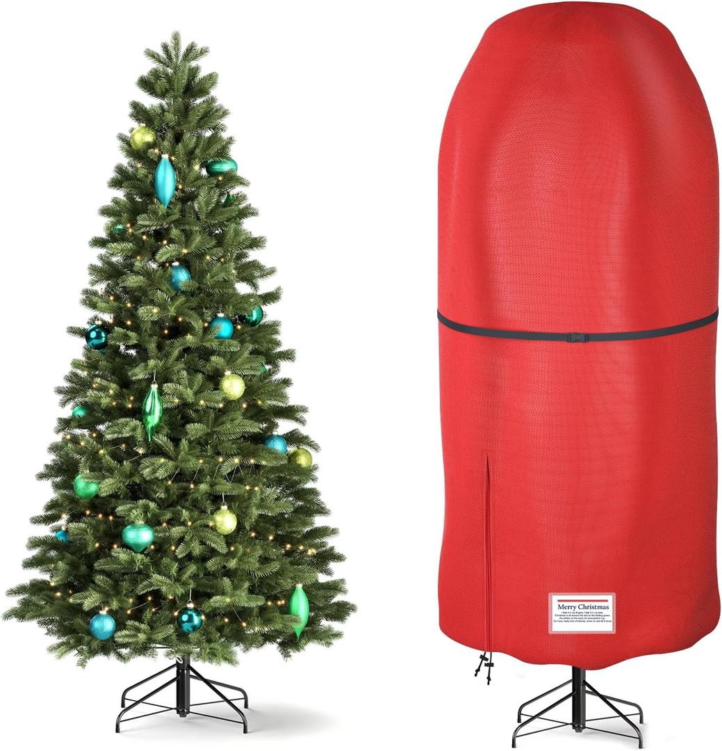 Upright Christmas Tree Storage Bag, Oxford Fabric Tear-Resistant Adjustable Xmas Tree Storage Bag for 6 FT Assembled Tree Standing with Ornaments, Christmas Tree Cover Waterproof (Red)