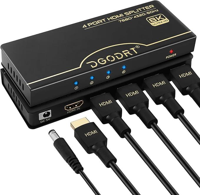 DGODRT 8K@60Hz HDMI Splitter 1 in 4 Out, 1x4 Power HDMI 2.1 Splitter 4 Ports Distributor Box, Support 4K@120HZ HDCP 2.3 3D HDR 48 Gbps for HDTV, Fire Stick, PS5, Xbox, Blu Ray(HDsplit8K-4P