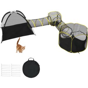 VINGLI Cat Tunnel, Portable Kitten Tent, Indoor & Outdoor Collapsible Enclosure, Large Catio, Outdoor Tunnels for Small Animals with Storage Bag (Black&Yellow, 5 in 1)