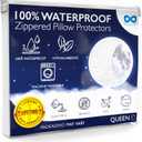 100% Stain Resistant & Waterproof Queen Size Pillow Protectors with Zipper Set of 2 - Bed Bug & Dust Mite Proof White Pillowcases - Breathable, Comfortable Pack of Covers for Pillows, 20 x 30 Inches