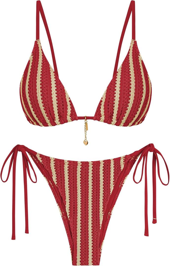 ZAFUL Crochet Bikini Sets for Women Cheeky Two Piece Bathing Suits Striped Brazilian High Cut Knit Swimsuit Tie for Vacation, X-Large, A-Red