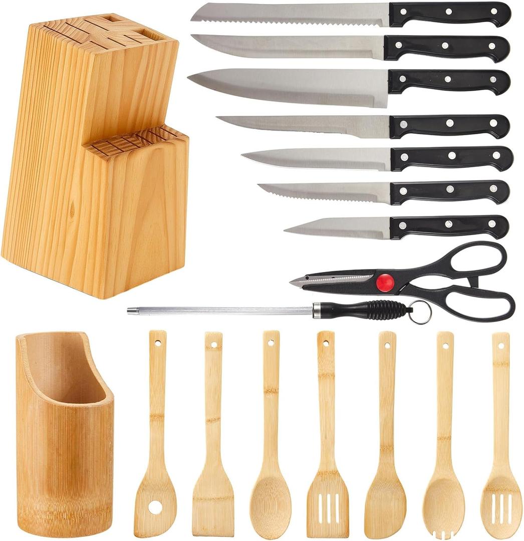 23 Pcs Kitchen Utensils Set, 15 Pcs High Carbon Stainless Steel Kitchen Knife and 8 Pieces Wooden Cooking Utensils Set, Easy to Clean, Suitable for Non-Stick Cookware