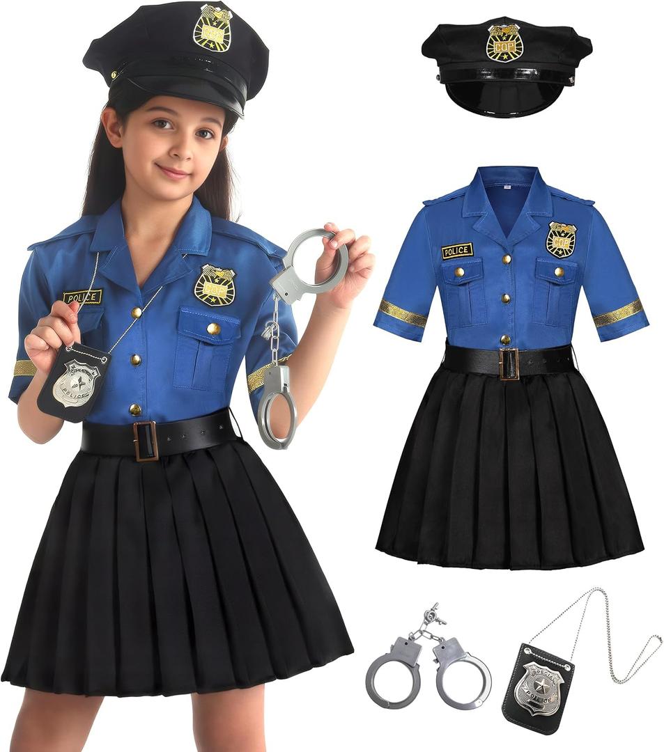 Cuteshower Girls Police Officer Costume Cop Uniform for Halloween Dress Up 3-10Years (XL)
