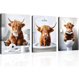 OWNANRTHM Highland Cow Bathroom Canvas Wall Art Funny Animals Bathroom Picture Cow Bathroom Wall Art Animals on Toilet Painting Animals in the Bath Poster for Bathroom Framed 12" x 16" x 3 Pieces