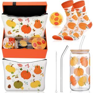 Kacctyen 5 Pcs Thanksgiving Gifts Basket for Women Orange Pumpkin Birthday Gift Basket 16 oz Pumpkin Cup with Lid Straw Makeup Bag Socks Mirror for Thanksgiving Friendsgiving Holiday Souvenirs