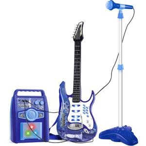 deAO Musical Guitar Play Set,Adjustable Height Microphone,Amplifier Set with Stand,Music Light Karaoke Music Toys Birthday for Kids Boys Girls (Blue)