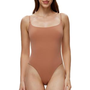 NANJI Spaghetti Straps Bodysuit for Women - Slim Fit Scoop Neck Thong Body Suit, Stretch Double Lined Tops, Casual Going Out (Beige, M)