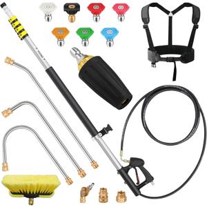 24FT Telescoping Pressure Washer Extension Wand, Power Washer Extension Wand, Solar Panel Cleaner Pole with Turbo Nozzle, Brush Head, 7 Nozzle Tips, 3 Adapters & Harness