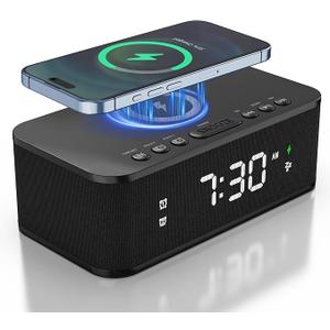 Digital Alarm Clock White Noise, Loud Digital Alarm Clocks Bedrooms, Alarm Clock Speaker Wireless Charger AUX USB Bluetooth Speaker 12/24H Dual Alarm Snooze Adjustable Brightness, Black