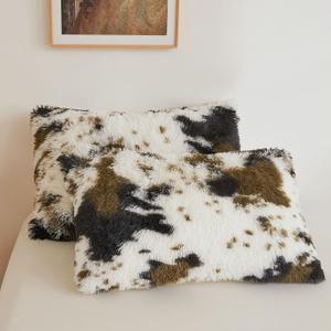 XeGe Tiger Print Faux Fur Fluffy Pillowcases, Plush Shaggy Soft Long Pillow Covers, Fuzzy Decorative Pillow Cases, Furry Pillow Shams for Bed Couch Zipper Closure, 2 Pack(Standard, 
Cow Print Brown)
)