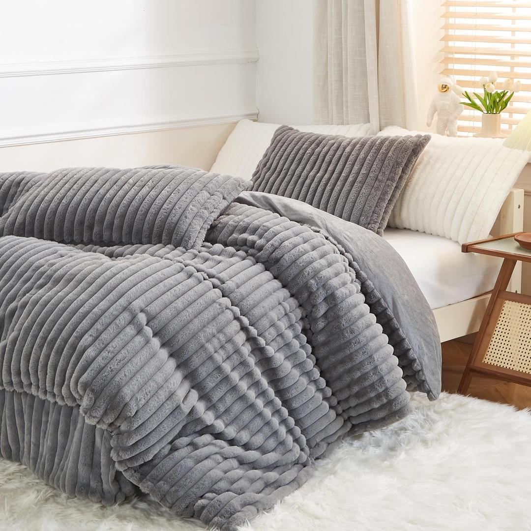 Luxury Shaggy Plush Duvet Cover Set King Size Grey Soft Faux Fur Fluffy Fuzzy Comforter Cover 3 Pcs Winter Warm Fleece Bedding Set Vertical Striped Bed Set with 2 Pillow Shams (Dark Gray)