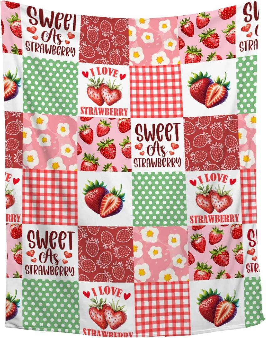 Strawberry Blanket Gifts for Women Girls Kids Adults Teen,Birthday Valentine Present Pink Strawberry Fruit Theme Decor,Strawberry Blanket Decor for Couch Sofa Bed, 40"x50"-Throw Size for Kids