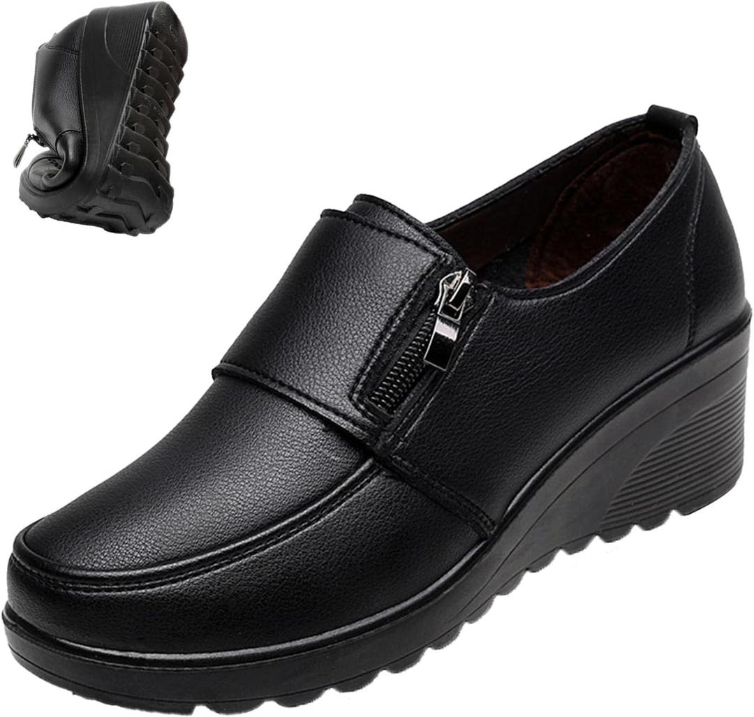 VIFOCUS Women's Round Toe Low Wedge Dress Pumps,Lightweight Comfy Zip Non-Slip Softsole Orthopedic Wedding Party Leather Shoes (8.5, Black Penny)
