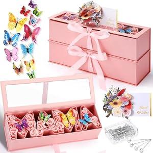 Gilprop 2 Pack Empty Mom Flower Gift Box for Mother's Day Moms Letter Shaped Empty Bouquet Box with 2 Pcs 3D Floral Greeting Card 24 3D Butterfly 50 Crystal Pins for Mother Grandma (Pink, Mama)