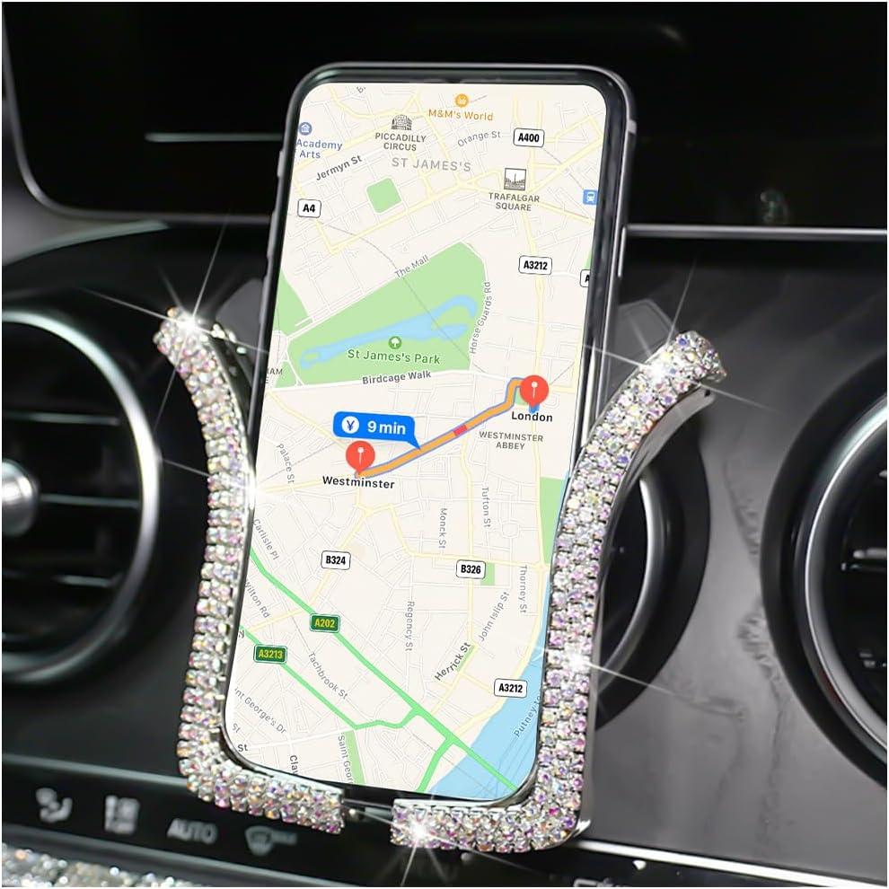 Bling Car Phone Holder, Rhinestone Mini Vehicle Air Vent Dashboard Windshield Cellphone Mount, 360 Adjustable Diamond Auto Smartphone Stand for Women Girls, Universal Fit (Multicolor)