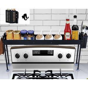 Horynar Over Stove Spice Shelf for Kitchen Spice Rack Organizer with Extra Black Basket and Hooks Great for Stove Top Shelf