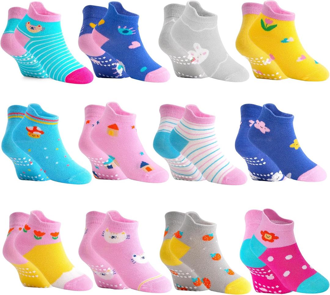 GRPSKCOS Toddler Socks 12 Pairs Non Slip Girls Sock Kids Ankle Socks with Grippers for 1-7 Years Children
