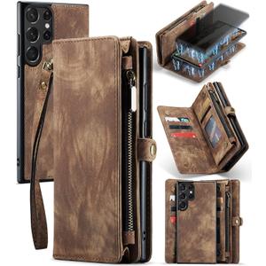 Asuwish Phone Case for Samsung Galaxy S23 Ultra 5G Zipper Wallet Detachable Cover with Screen Protector and Leather Flip Cash Card Holder Cell Accessories S23ultra 23S S 23 S23ultra5g Women Men Brown