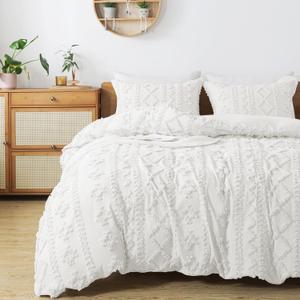 HYLEORY Boho Duvet Cover Queen Size Breathable Tufted Duvet Cover Set for All Seasons, 3 Pieces Bedding Duvet Cover with Zipper Closure, 1 Duvet Cover (90"x90") and 2 Pillow Shams, NO Comforter, White
