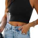 REORIA Women's Sexy Sleeveless Racer Back Tank Tops Halter Neck Crop Tops (Medium, Black)