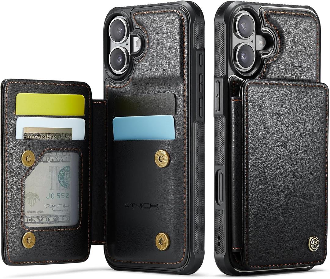 Vinich for iPhone 16 Plus 6.7" Wallet Case with Card Holder, RFID Blocking Credit Slots Kickstand Shockproof Phone Cover for Women Men, Black