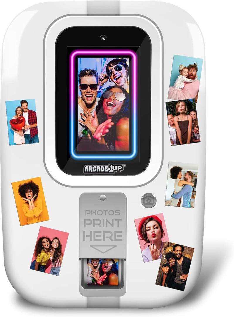 Arcade1Up Touchscreen Photobooth - Personalize Your Selfies with Stickers, Picture Effects, and Cool Filters, Prints 2" x 3" Photos, Instantly Share via QR Code - Perfect for Parties and Weddings