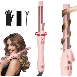 Extra-Long Barrel Rotating Curling Iron with Short Clamp, Automatic Curling Iron 1 Inch Creates Loose Curls for Medium and Long Hair, High Heat 410F, Instant Heat up, Double Ceramic, Dual Voltage