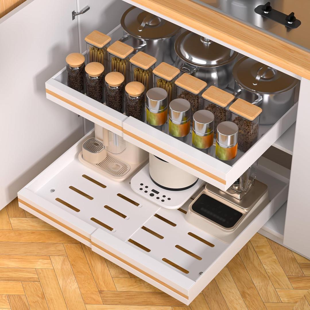 2 PACK Pull Out Cabinet Organizer 21" DEEP|Metal Heavy Duty Slide Out Drawers Fixed with Nano Adhesive Film|Multifunctional Drawer Organizers For Kitchen/Pantry Cabinets(White, 21''DEEP/12-20"Width)