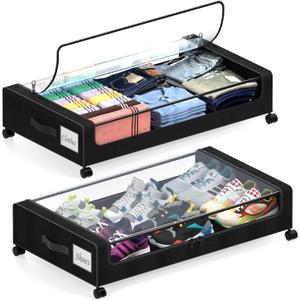 Under Bed Storage with Wheels, 2 Pack Under Bed Storage Containers with Dividers & Clear Lids, XXL 65L Under the bed storage Organizer Bins, Underbed Storage with Wheels for Clothes (Black, 2 Pack)