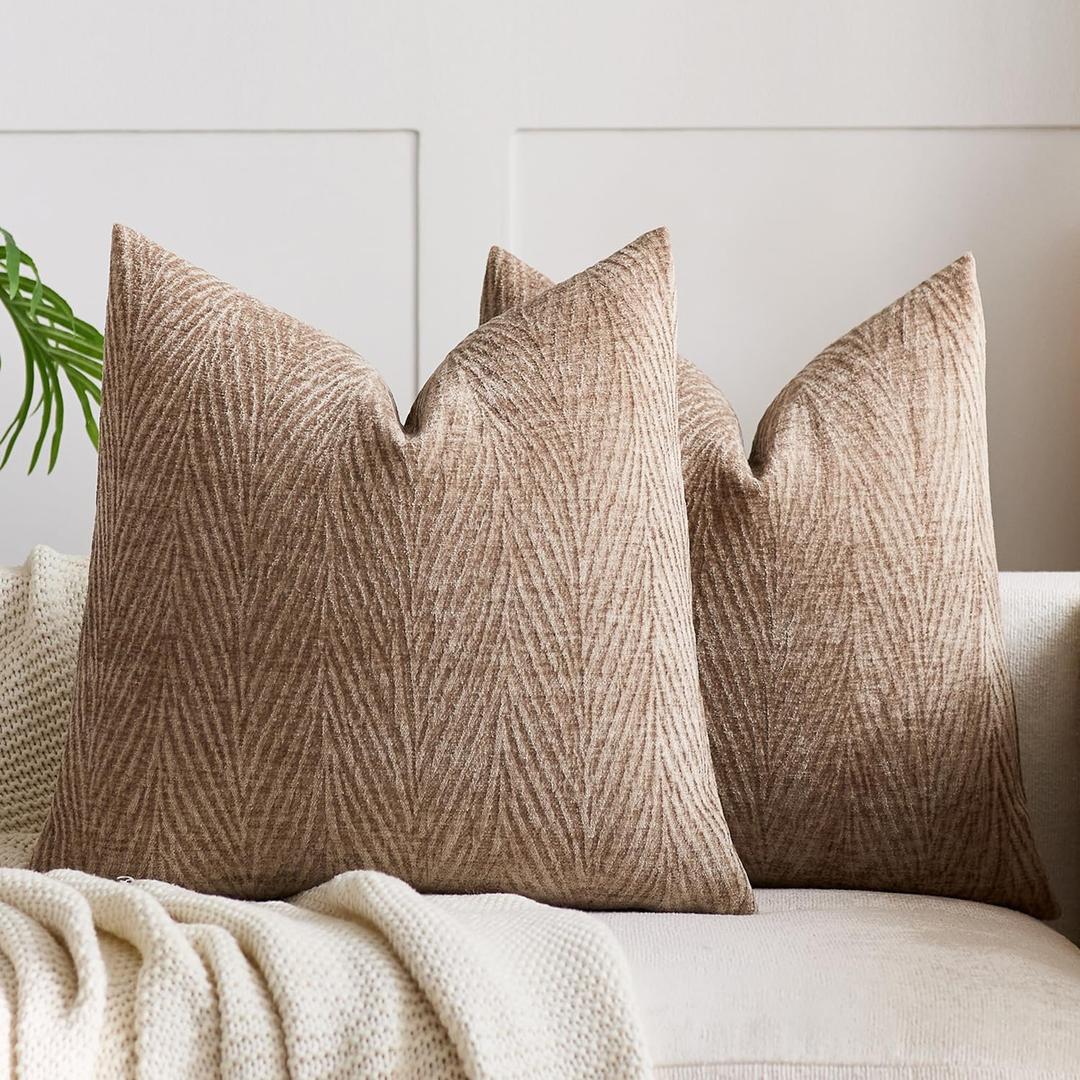 Spring Pillow Covers 18x18 Inch Set of 2, Soft Decorative Throw Pillow Covers with Leaves Texture, Hidden Zipper for Home Sofa Bed Couch (Tan, 18" x 18" (Pack of 2))