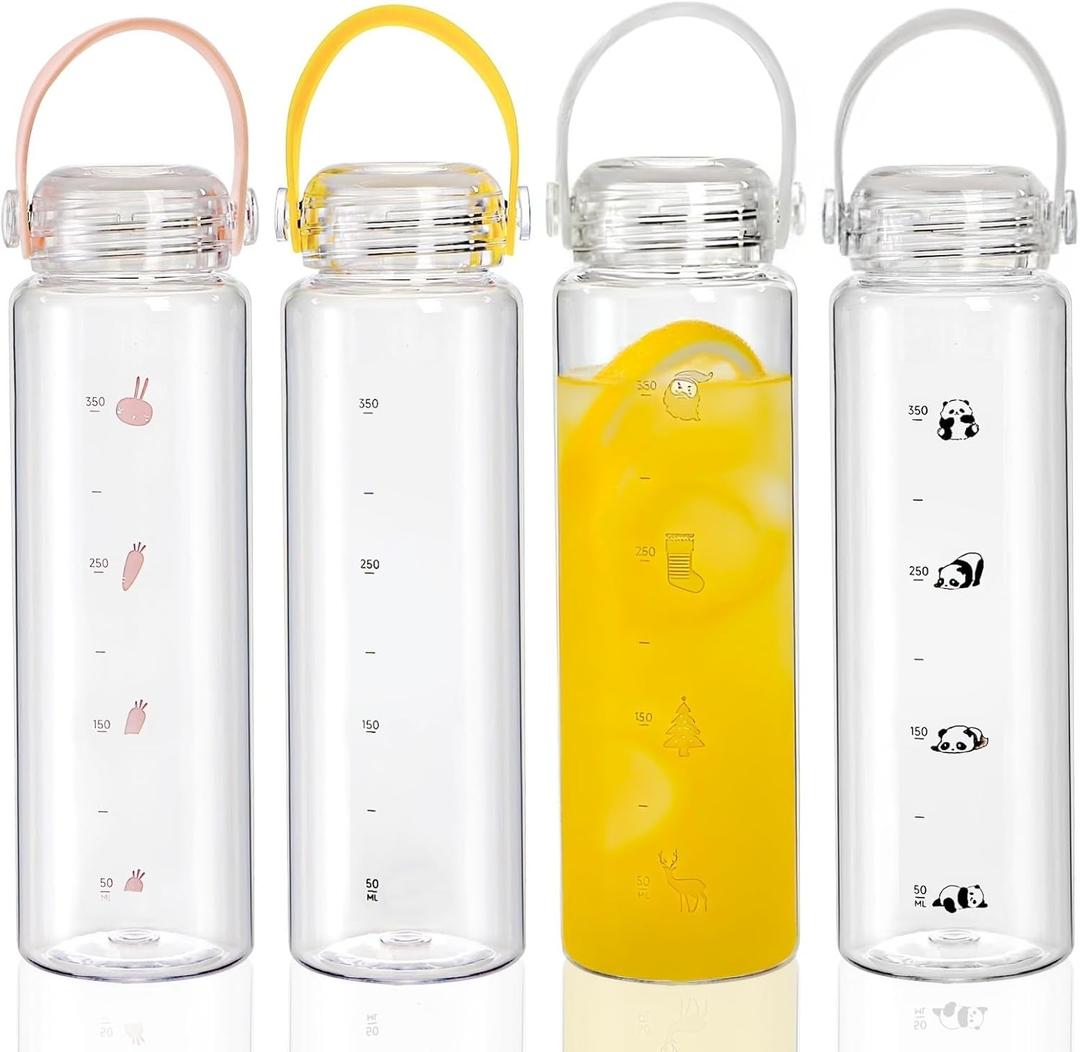 Pack of 4 Clear Sport Water Bottles, 14 OZ Reusable Portable Plastic Juice Bottle, Wide Mouth Travel Bottle With Carry Strap, Cute Leakproof Beverage Container for Outdoor Sport Camping Gym